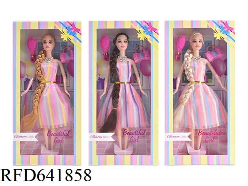 11.5 INCH LIVE HAND BRAID FASHION SKIRT BARBIE WITH HANDBAG, HAIRBRUSH, NECKLACE ACCESSORIES