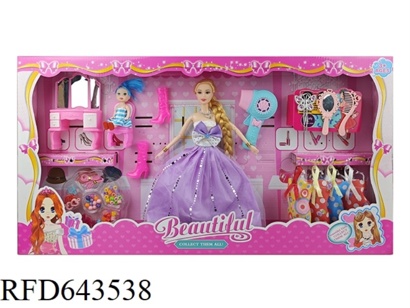 11-INCH BARBIE DOLL WITH NINE JOINTS, DRESSER, LITTLE KELLY, BOOTS, HAIR DRYER AND COMB MIRROR FORK