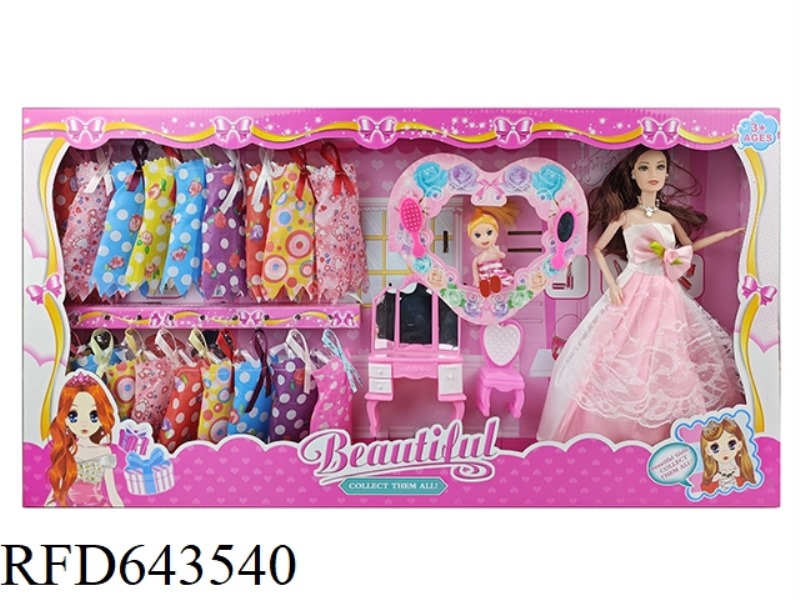 11-INCH NINE-JOINT BARBIE DOLL WITH LITTLE KELLY, DRESSER AND COMB MIRROR