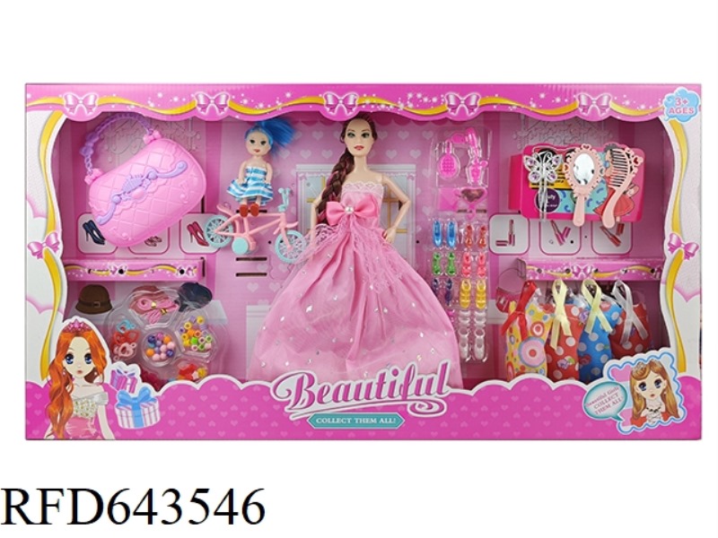 11-INCH BARBIE DOLL WITH LONG HAIR AND NINE JOINTS, ENLARGED BAG, SMALL KELLY, SMALL BICYCLE, EXTEND
