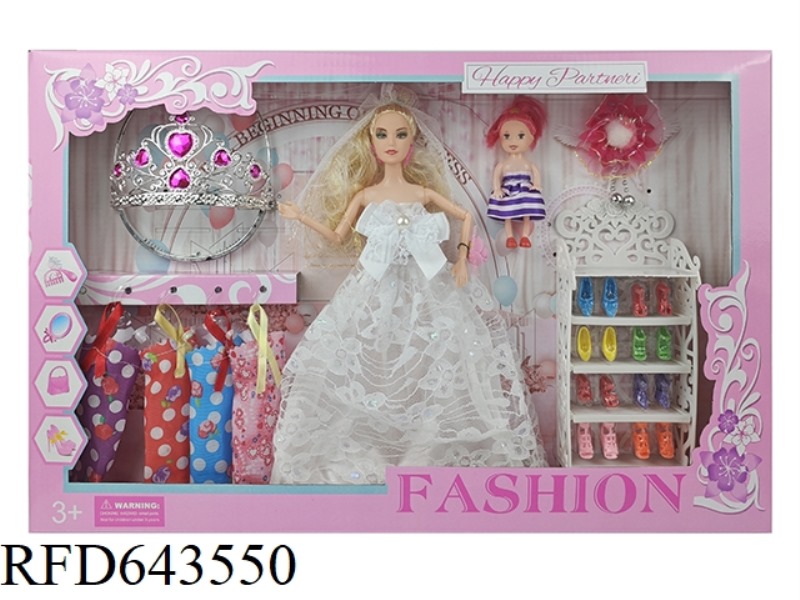 11-INCH REAL LONG HAIR NINE-JOINT WEDDING DRESS BARBIE (MARRIED) PLUS CROWN PLUS SMALL KELLY PLUS SH