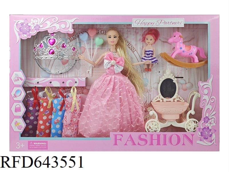 11-INCH BARBIE DOLL WITH LONG HAIR AND NINE JOINTS, CROWN AND BALLOON, LITTLE KELLY AND ROCKING HORS
