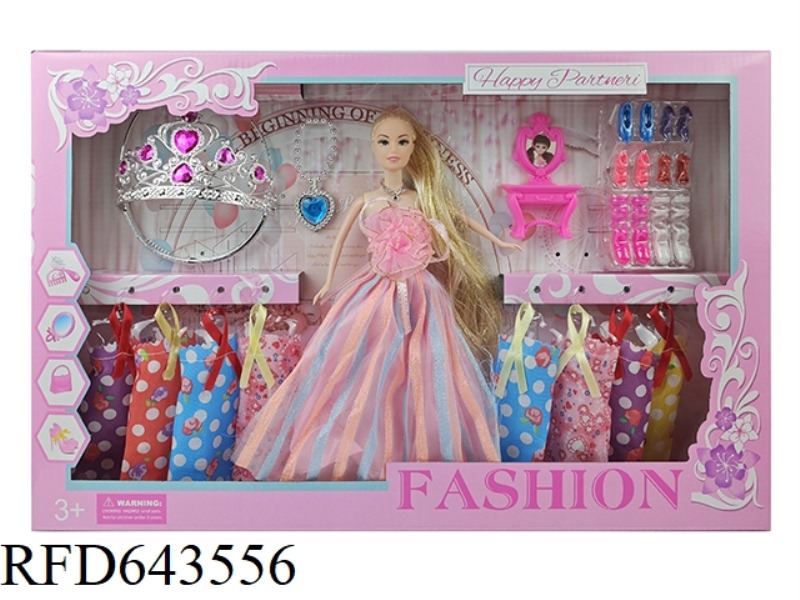 11-INCH PHYSICAL ACTIVITY HAND GOLD HAIR BARBIE PLUS CROWN AND NECKLACE PLUS DRESSER PLUS PLASTIC SH