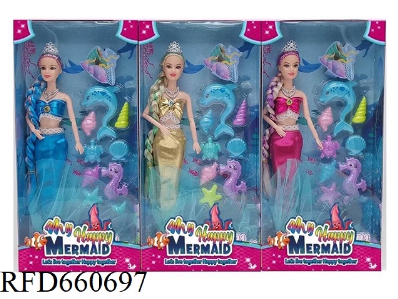 NEW 14-INCH LONG BRAID COLORFUL MERMAID WITH CROWN, SEA FAIRY BLISTER SET THREE MIXED