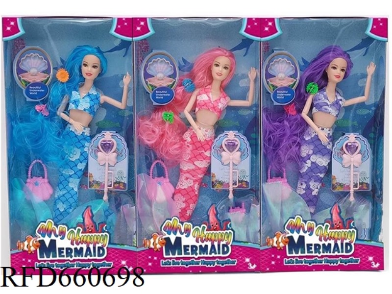 NEW 14-INCH LONG BRAIDED MERMAID WITH HAIR CLIP, MAGIC WAND, TOTE BAG THREE MIXED