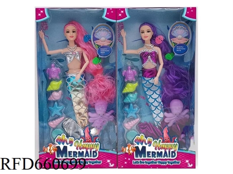 NEW 14-INCH LONG HAIR COLORFUL MERMAID WITH NECKLACE, HAIRPIN, OCTOPUS, SEA FAIRY BLISTER SET TWO MI