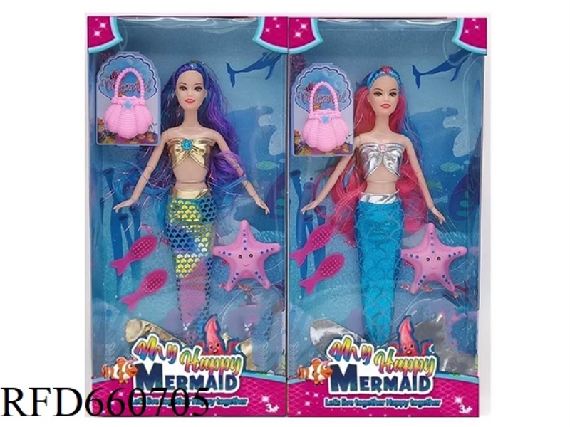 THE NEW 14-INCH LONG HAIR COLORFUL DRESS MERMAID WITH HANDBAG, COMB, STARFISH TWO MIXED