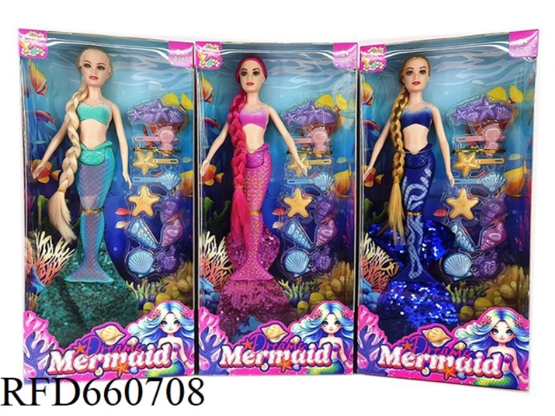 NEW 14-INCH LONG BRAIDED MERMAID WITH MERMAID HAIR ACCESSORIES BLISTER SET THREE MIXED