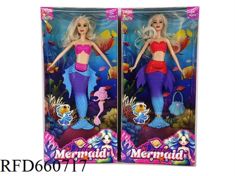 NEW 14-INCH LONG HAIR MERMAID WITH LITTLE MERMAID ACCESSORIES, TOTE BAG TWO MIXED