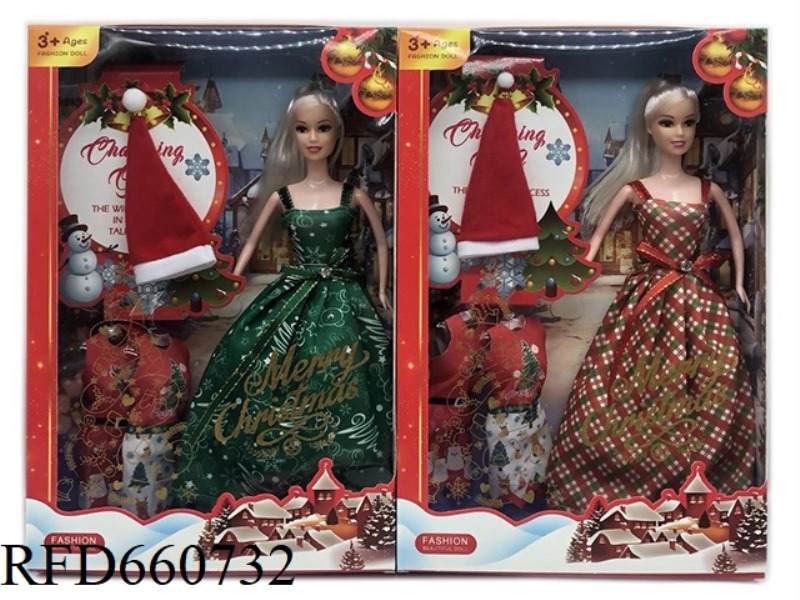 11.5 INCH FULL-BODY CHRISTMAS DRESS BARBIE WITH SNOWMAN, SANTA HAT TWO MIXED