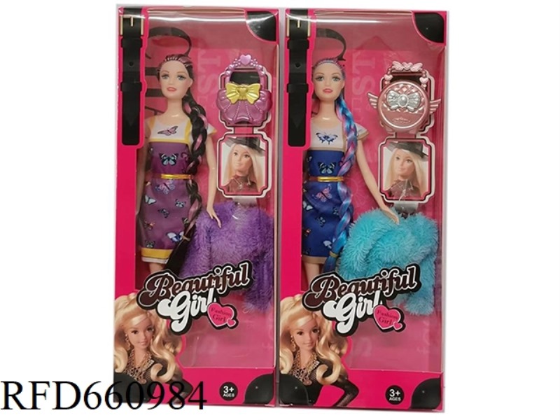 HIGH-END 11.5 INCH SOLID FASHION LONG HAIR BARBIE WITH HANDBAG, FUR COAT 2 MIXED