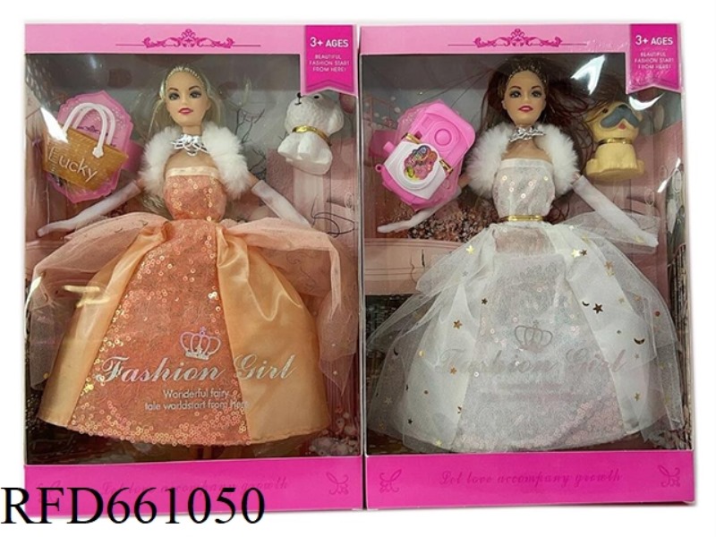 11.5 INCH 9 KNUCKLE REAL WEDDING DRESS BARBIE WITH HANDBAG, DOG PET TWO MIXED
