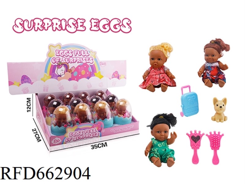 BROWN FULL-BODY DOLL WITH EGG + COMB + SUITCASE + ANIMAL 12PCS