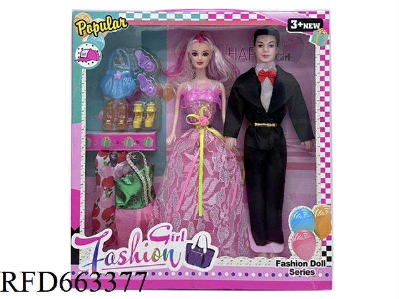 11.5 INCH REAL COUPLE WEDDING DRESS BARBIE WITH BAG SHOES 2 HANGING DRESSES