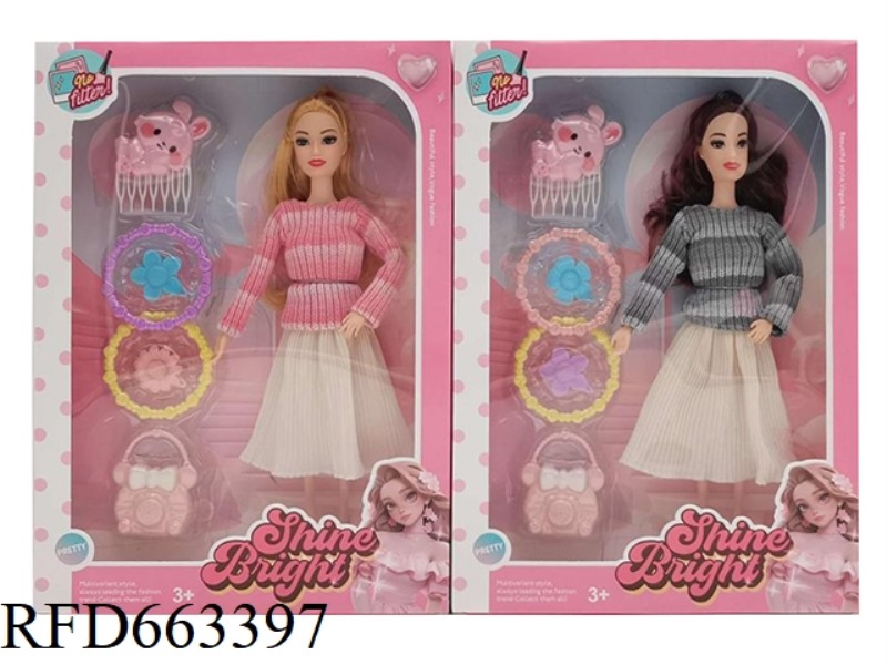 11.5 INCH SOLID FASHION BARBIE WITH RABBIT HAIR ACCESSORIES LARGE NECKLACE HANDBAG TWO RANDOM MIXED
