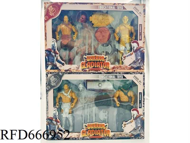 TWO ANCIENT WARRIORS WITH WEAPONS, WOODEN FRAMES AND WOODEN STAKES