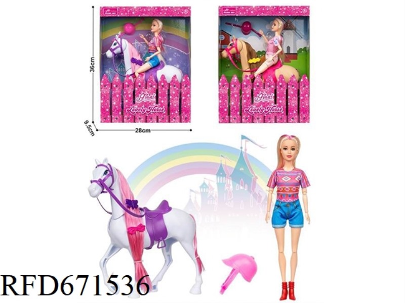 A 11.5-INCH LIFE-SIZED 12-JOINT DOLL WITH A PRINCESS STEED AND A HELMET FOR A HORSEBACK RIDING JOURN
