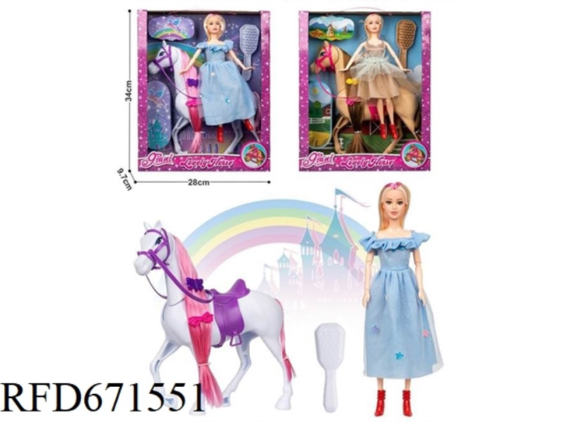 A 11.5-INCH LIFE-SIZED 12-JOINT DOLL WITH A FOAL AND A COMB FOR A HORSEBACK RIDING JOURNEY