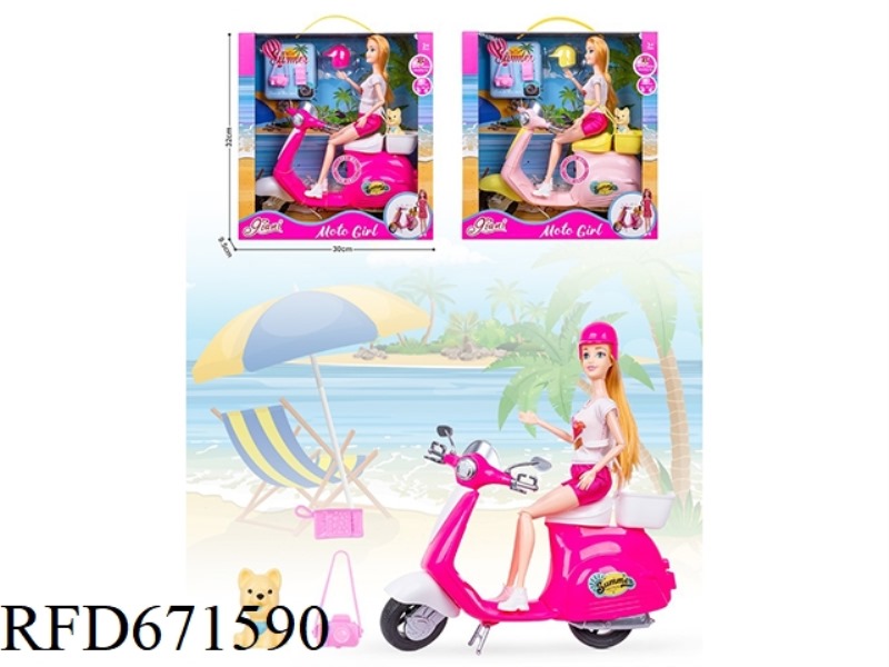 AN 11.5-INCH REAL-LIFE BARBIE DOLL RIDING A MUSIC MOTORCYCLE WITH MUSIC AND A PAPARAZZI CAMERA BAG
