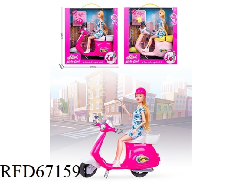 AN 11.5-INCH REAL-LIFE BARBIE DOLL IS RIDING A MOTORCYCLE