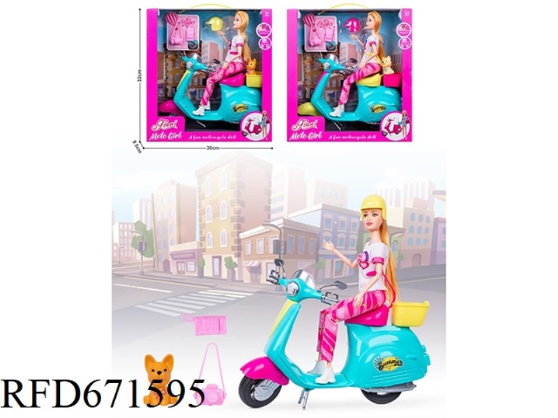 AN 11.5-INCH REAL-LIFE BARBIE DOLL RIDING A MOTORCYCLE WITH A PAPARAZZI CAMERA BAG
