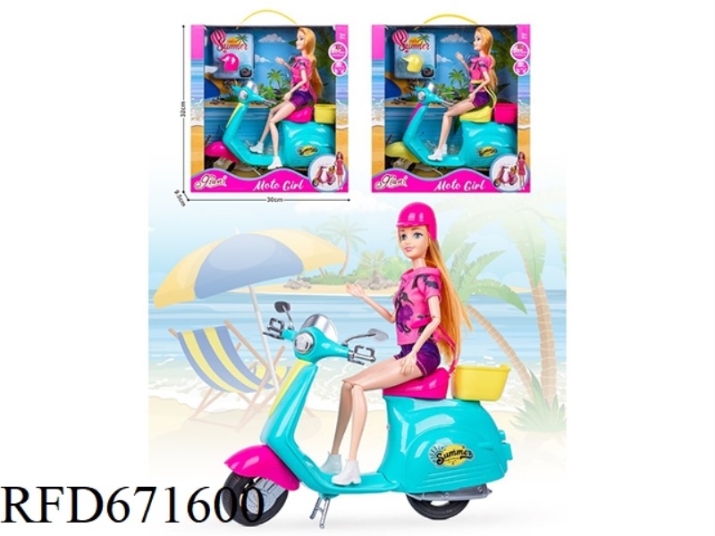 AN 11.5-INCH REAL-LIFE BARBIE DOLL IS RIDING A MOTORCYCLE
