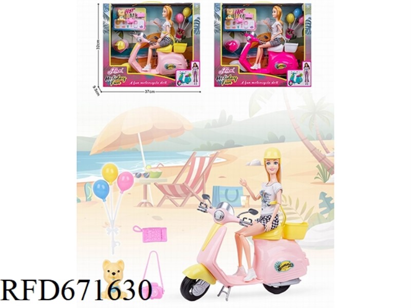 11.5-INCH REAL-LIFE BARBIE DOLL RIDING A MOTORCYCLE WITH TRAVEL ACCESSORIES SCENE SET EQUIPPED WITH