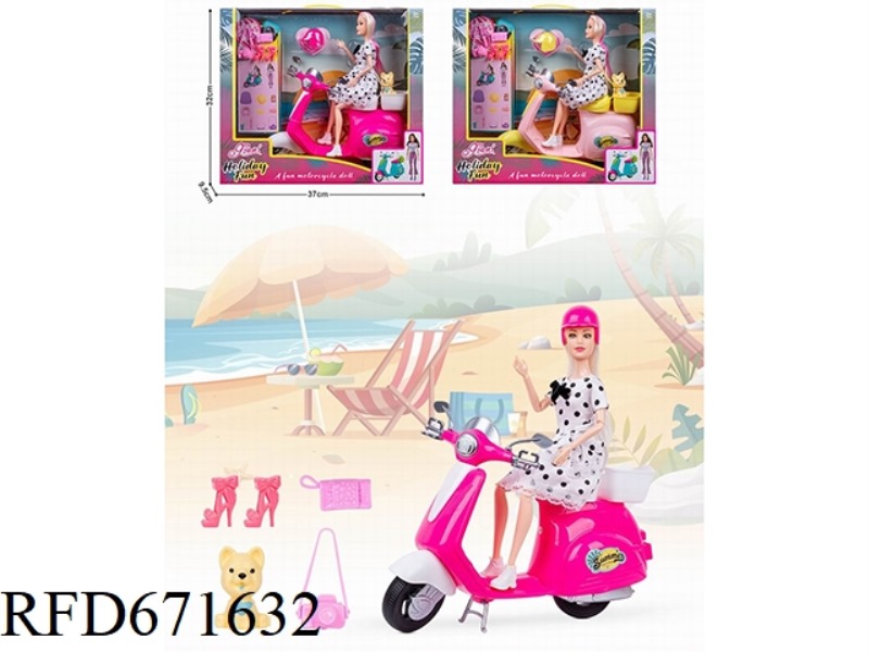 11.5-INCH REAL-LIFE BARBIE DOLL RIDING A MOTORCYCLE WITH TRAVEL ACCESSORIES SCENE SET EQUIPPED WITH