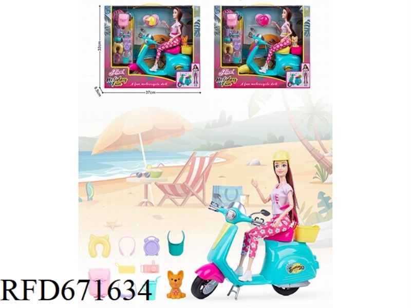 11.5-INCH REAL-LIFE BARBIE DOLL RIDING A MOTORCYCLE WITH TRAVEL ACCESSORIES SCENE SET