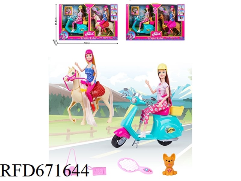 AN 11-INCH REAL-LIFE BARBIE DOLL RIDING A HORSE WITH AN 11.6-INCH REAL-LIFE BARBIE DOLL RIDING A MOT