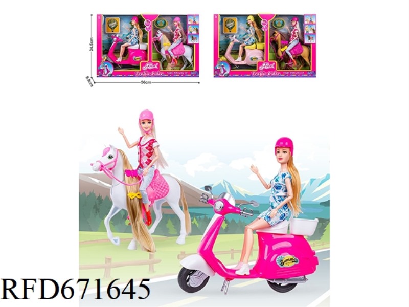 AN 11-INCH REAL-LIFE BARBIE DOLL RIDING A HORSE WITH AN 11.6-INCH REAL-LIFE BARBIE DOLL RIDING A MOT