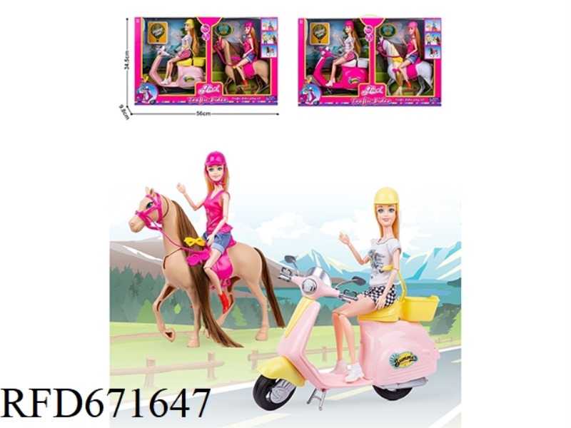 AN 11-INCH REAL-LIFE BARBIE DOLL RIDING A HORSE WITH AN 11.5-INCH REAL-LIFE BARBIE DOLL RIDING A MOT