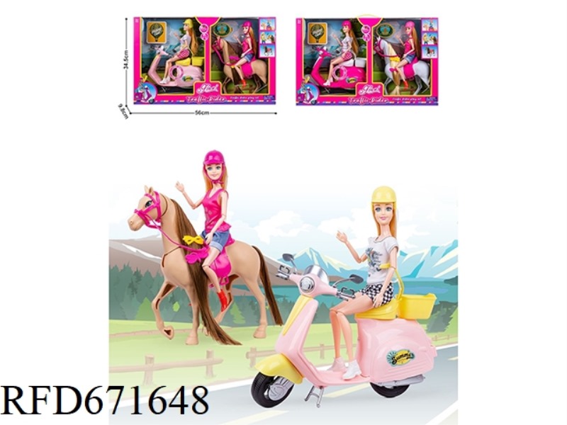 AN 11-INCH REAL-LIFE BARBIE DOLL RIDING A HORSE WITH AN 11.5-INCH REAL-LIFE BARBIE DOLL RIDING A MUS