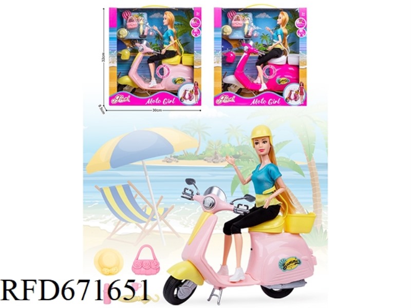 AN 11.5-INCH REAL-LIFE BARBIE DOLL RIDING A MUSICAL MOTORCYCLE WITH OUTDOOR ACCESSORIES
