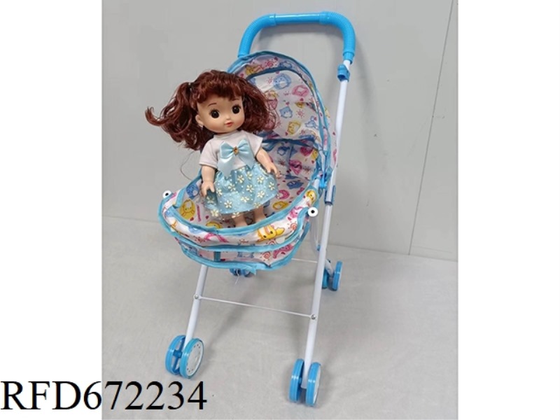 AN IRON STROLLER FOR PLAYING HOUSE WITH DOLL ACCESSORIES