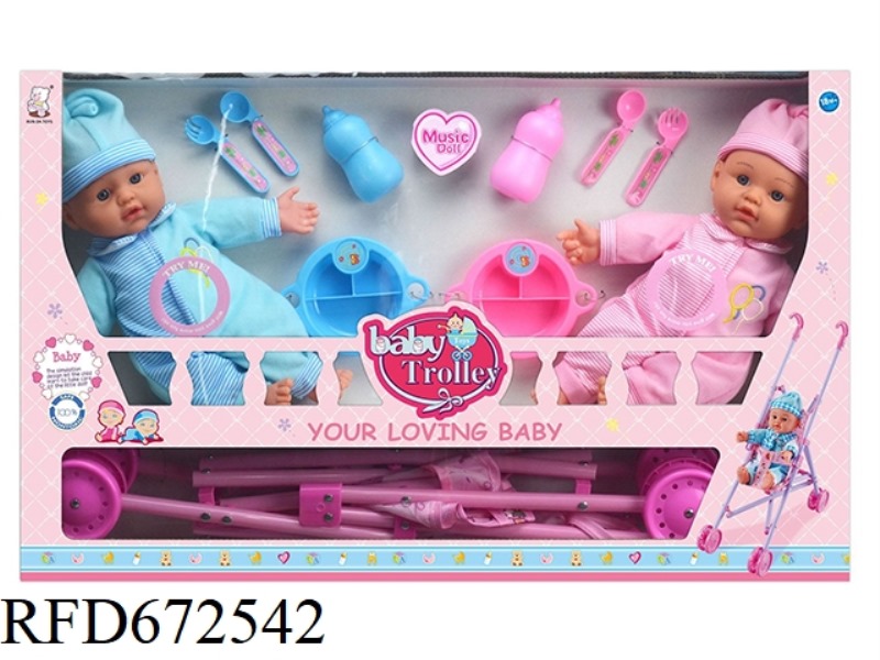 12-INCH STRAIGHT-FILLED COTTON VINYL HANDS AND FEET TWIN DOLLS WITH 1 PLASTIC CART AND TABLEWARE. WI