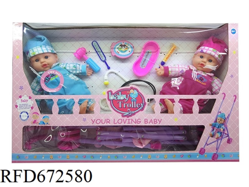 12-INCH STRAIGHT-FILLED COTTON VINYL HANDS AND FEET TWIN DOLL WITH 1 PLASTIC CART AND TABLEWARE. WIT