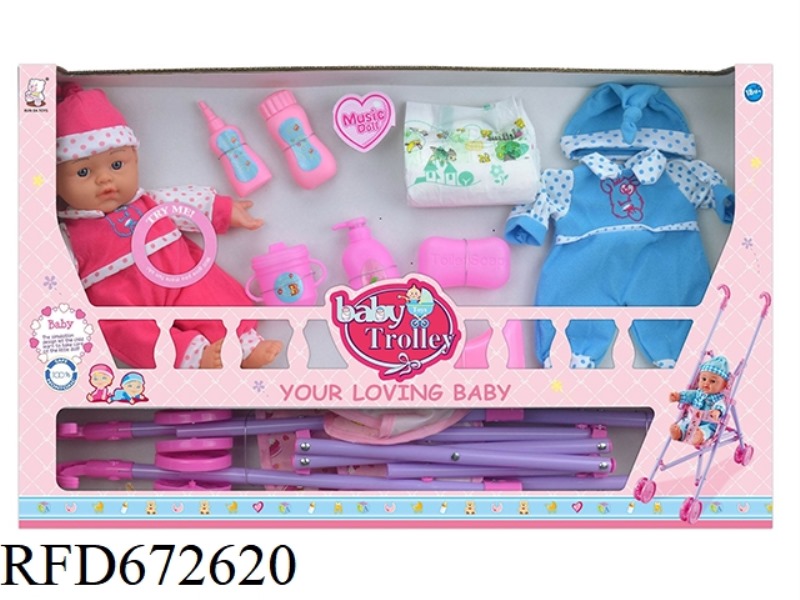 12-INCH DOLL WITH VINYL HANDS AND FEET: 1 SET OF CLOTHING/BATH PRODUCTS/PLASTIC CART WITH IC.