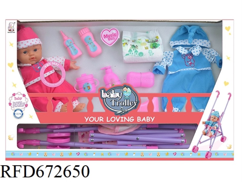 12-INCH DOLL WITH VINYL HANDS AND FEET: 1 SET OF CLOTHING/BATH PRODUCTS/PLASTIC CART WITH IC.