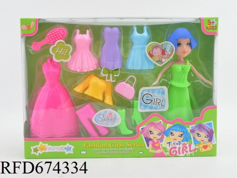 A 7-INCH BIG-EYED GIRL PAIRS WELL WITH A VARIETY OF PLASTIC CLOTHES, MINI BAGS AND A LARGE SKIRT