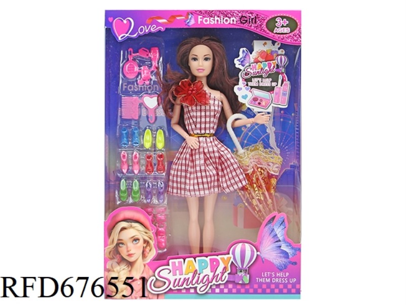 A 11-INCH 9-JOINT 28CM SOLID-BODY COLOR-PRINTED EYE FASHIONABLE BARBIE DOLL, AN UMBRELLA, AND MULTIP