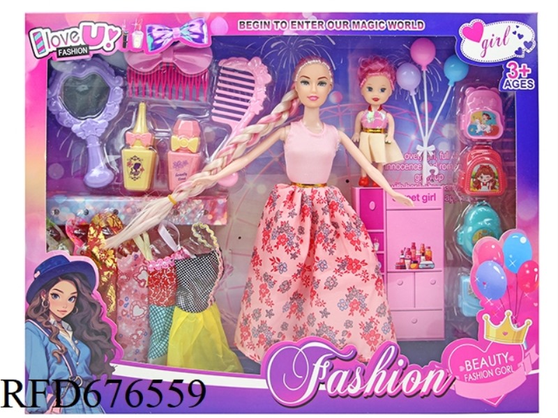 11-INCH 5-JOINT 28CM SOLID COLOR-PRINTED LONG WHIP MOTHER-DAUGHTER BARBIE DOLL + BALLOON + VACUUM-FO