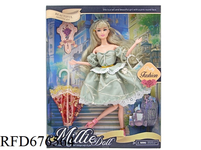 11-INCH, 11-JOINT, 28CM SOLID, COLOR-PRINTED, FASHIONABLE BARBIE DOLL WITH MULTIPLE BAGS AND UMBRELL