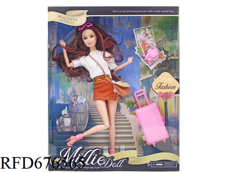 A 11-INCH, 11-JOINT, 28CM SOLID, COLOR-PRINTED, FASHIONABLE BARBIE DOLL, SUITCASE, AND CAMERA ARE MI
