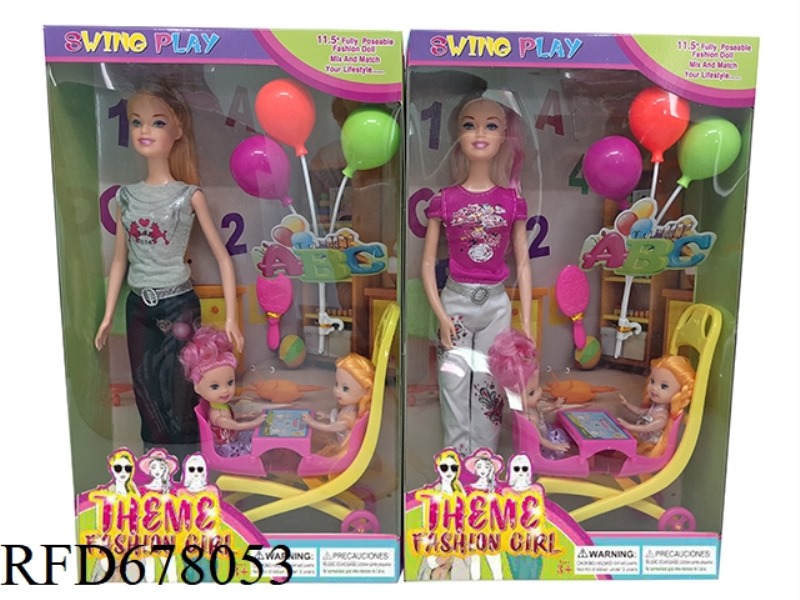 11.5-INCH FULL-LENGTH HANDCRAFTED FASHION SHORT SKIRT BARBIE WITH A MIX OF BABY, STROLLER, BALLOON A