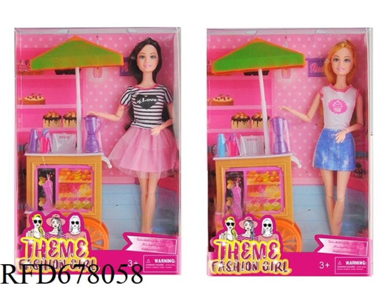 JUICE SHOP THEME: 11.5-INCH SOLID 11-JOINT LONG HAIR FASHION SHORT SKIRT, BARBIE WITH A TROLLEY, JUI