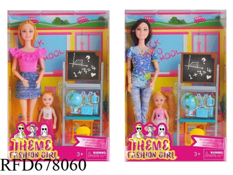 11.5 REAL 11-JOINT FASHION: BARBIE WITH A LITTLE GIRL, BLACKBOARD VACUUM-FORMED SET, 2 MIXED OUTFITS