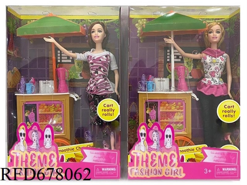 A 11.5-INCH REALISTIC LONG-HAIR FASHION BARBIE WITH A STROLLER AND A JUICER VACUUM-FORMED ACCESSORY