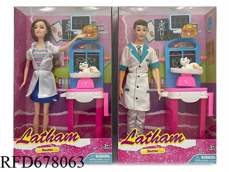 A MIXED SET OF 11.5-INCH LIVE FEMALE NURSE AND MALE DOCTOR WITH A WEIGHING SCALE, PET CAT AND TABLE