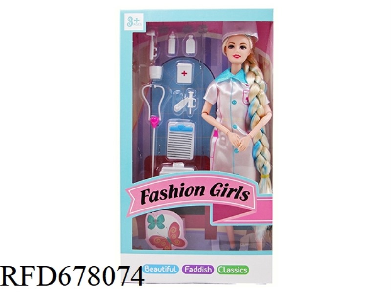 NURSE THEME 11.5-INCH SOLID 9-JOINT BRAIDED FASHION BARBIE WITH MEDICAL DEVICE ACCESSORIES